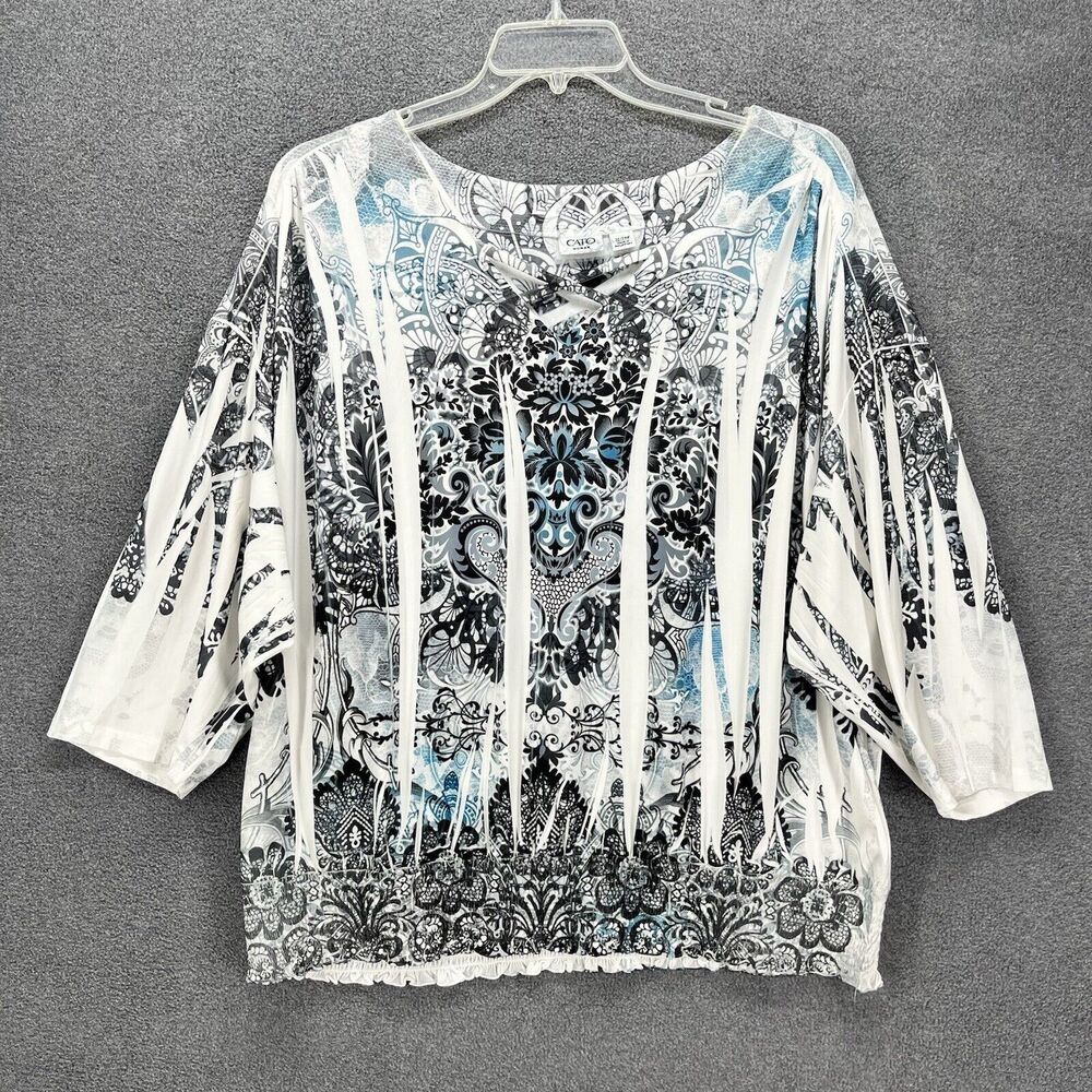 Cato Top Womens Plus 22 24 W‎ White Blue Boho Pullover elastic hem Blouse